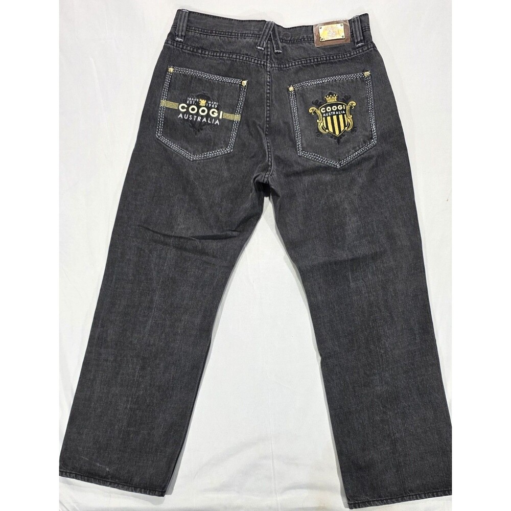 COOGI Mens Jeans Black Embroidered Crest Baggy Straight Y2K 38x34 Measure 36x32